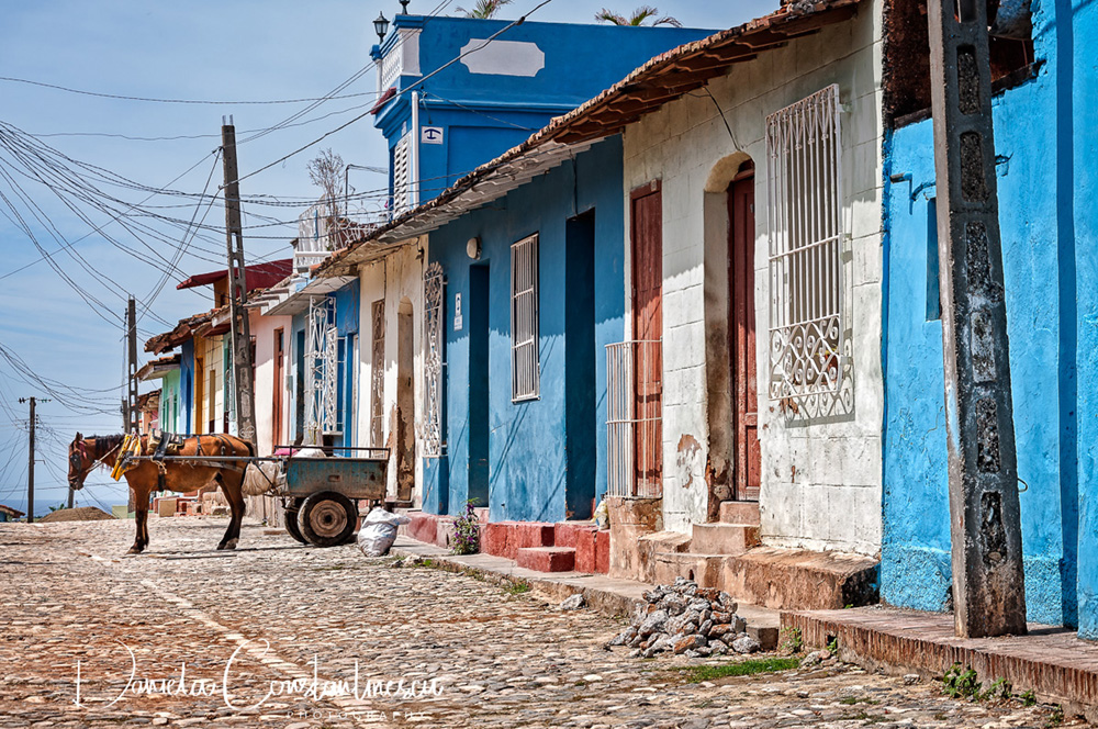 Trinidad  Horse and cart in front of colorful houses